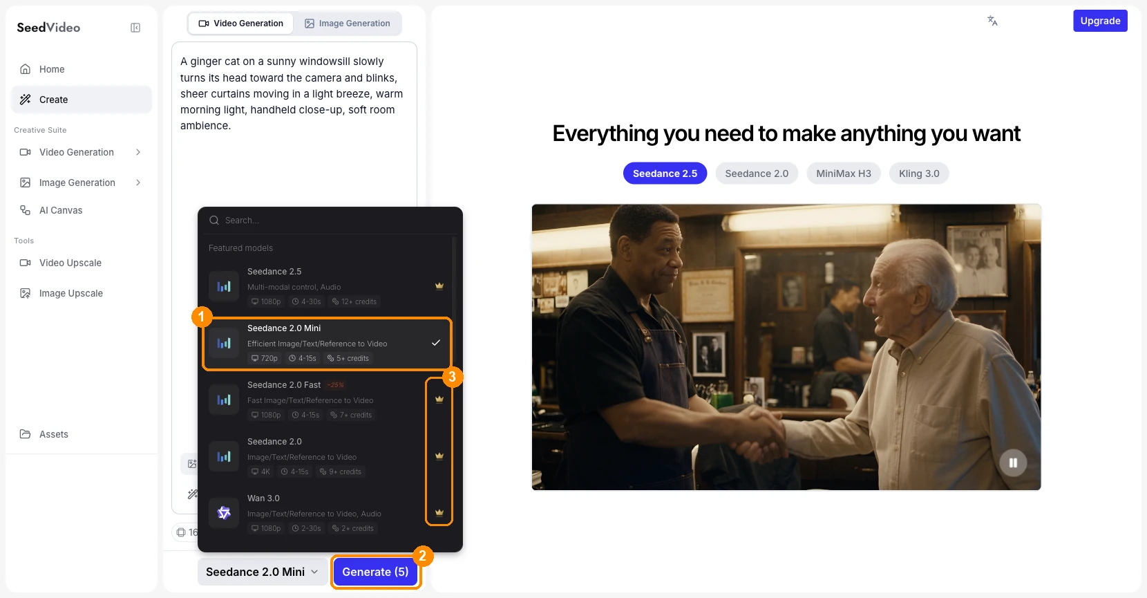 Generador de vídeo de SeedVideo AI con un prompt escrito, el menú de modelos abierto, Seedance 2.0 Mini seleccionado y el botón Generate (5); Seedance 2.0 Fast, Seedance 2.0 y Wan 3.0 llevan icono de corona
