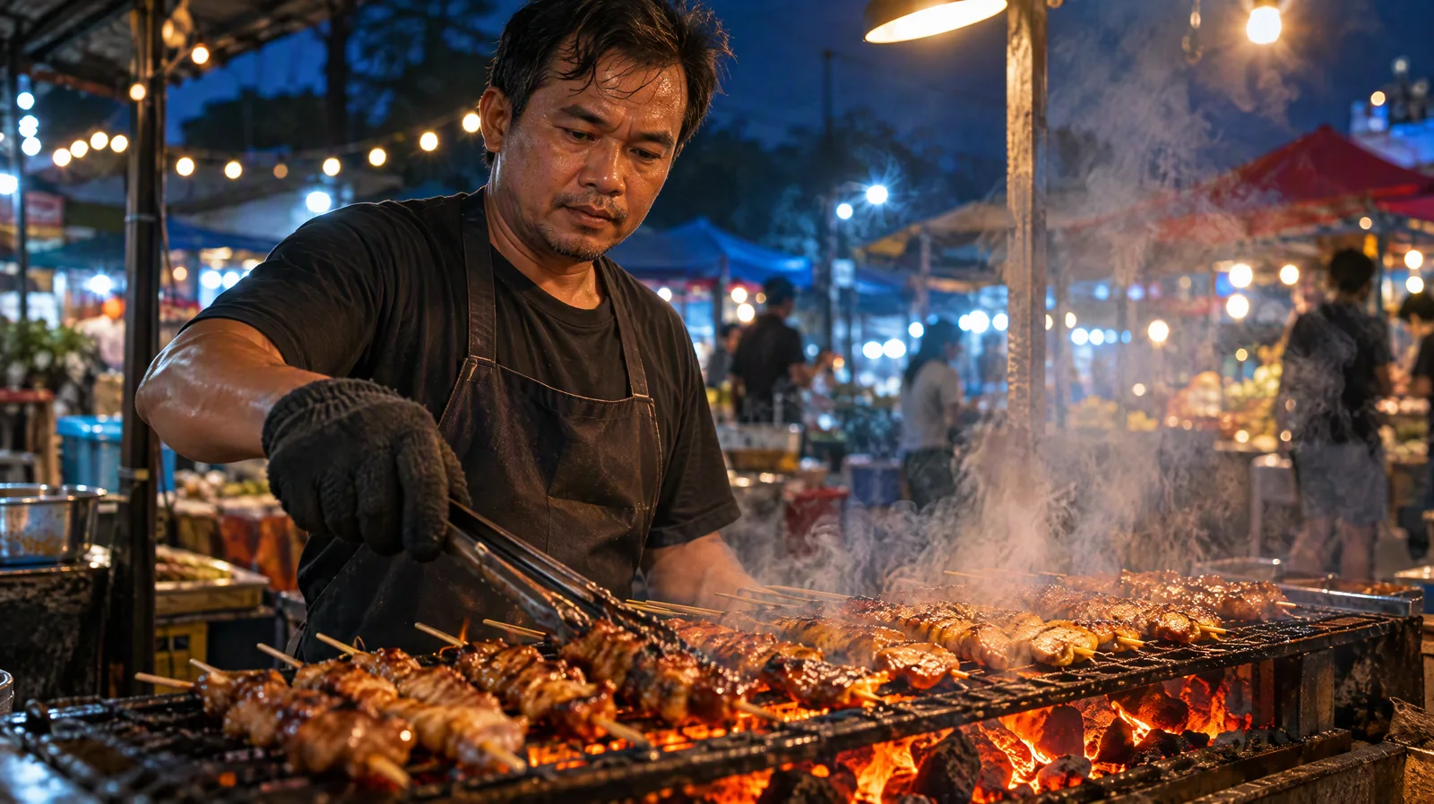 Vendedor de mercado nocturno con delantal oscuro dando la vuelta a brochetas en una parrilla de carbón, con brasas y humo, guirnaldas de luces y puestos detrás