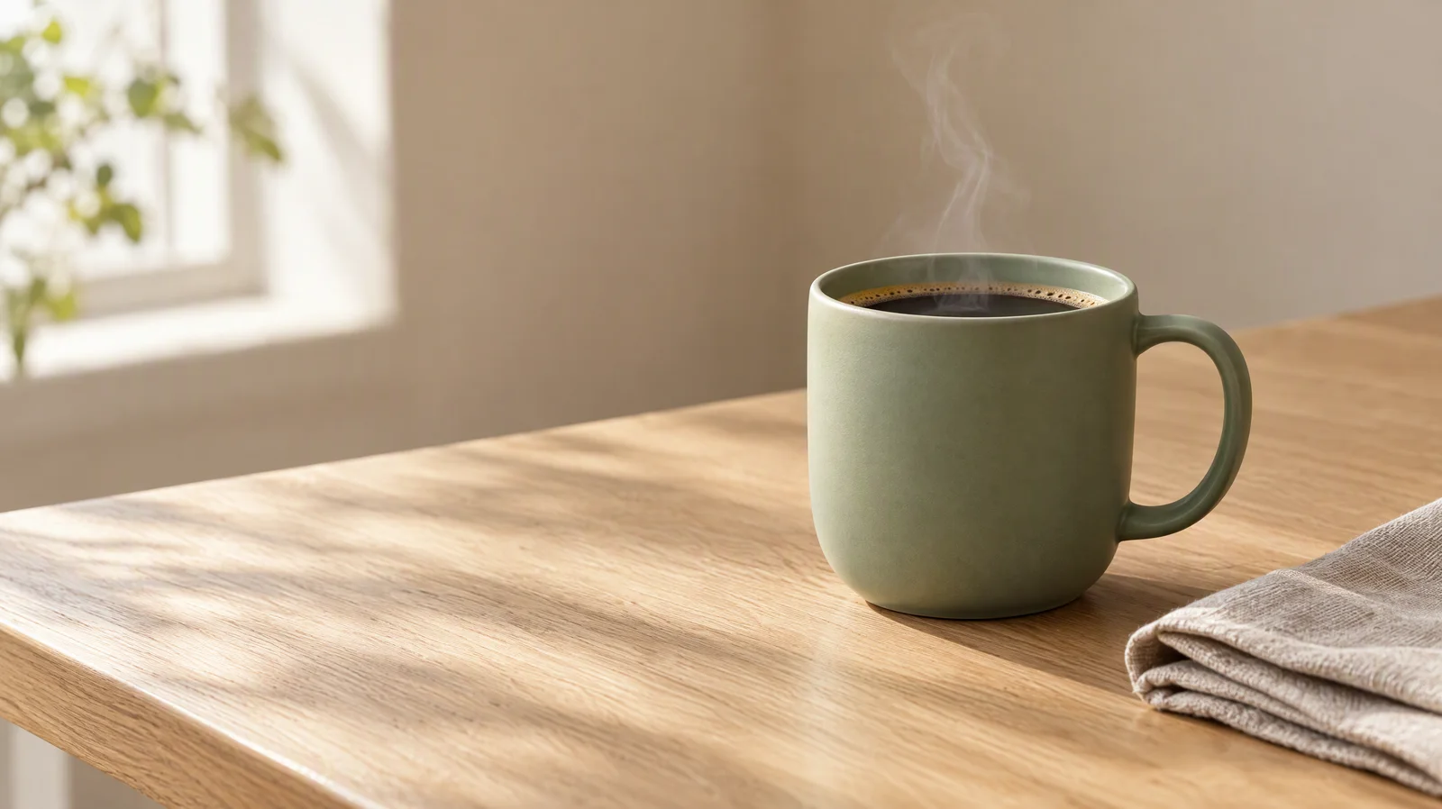 Taza de cerámica verde salvia mate con café negro humeante sobre una mesa de roble claro junto a una servilleta de lino doblada, luz suave de mañana