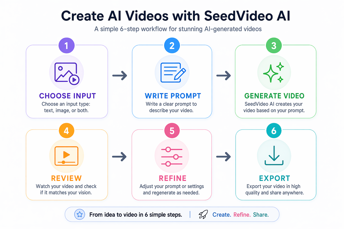 Beginner workflow for creating AI videos with SeedVideo AI.
