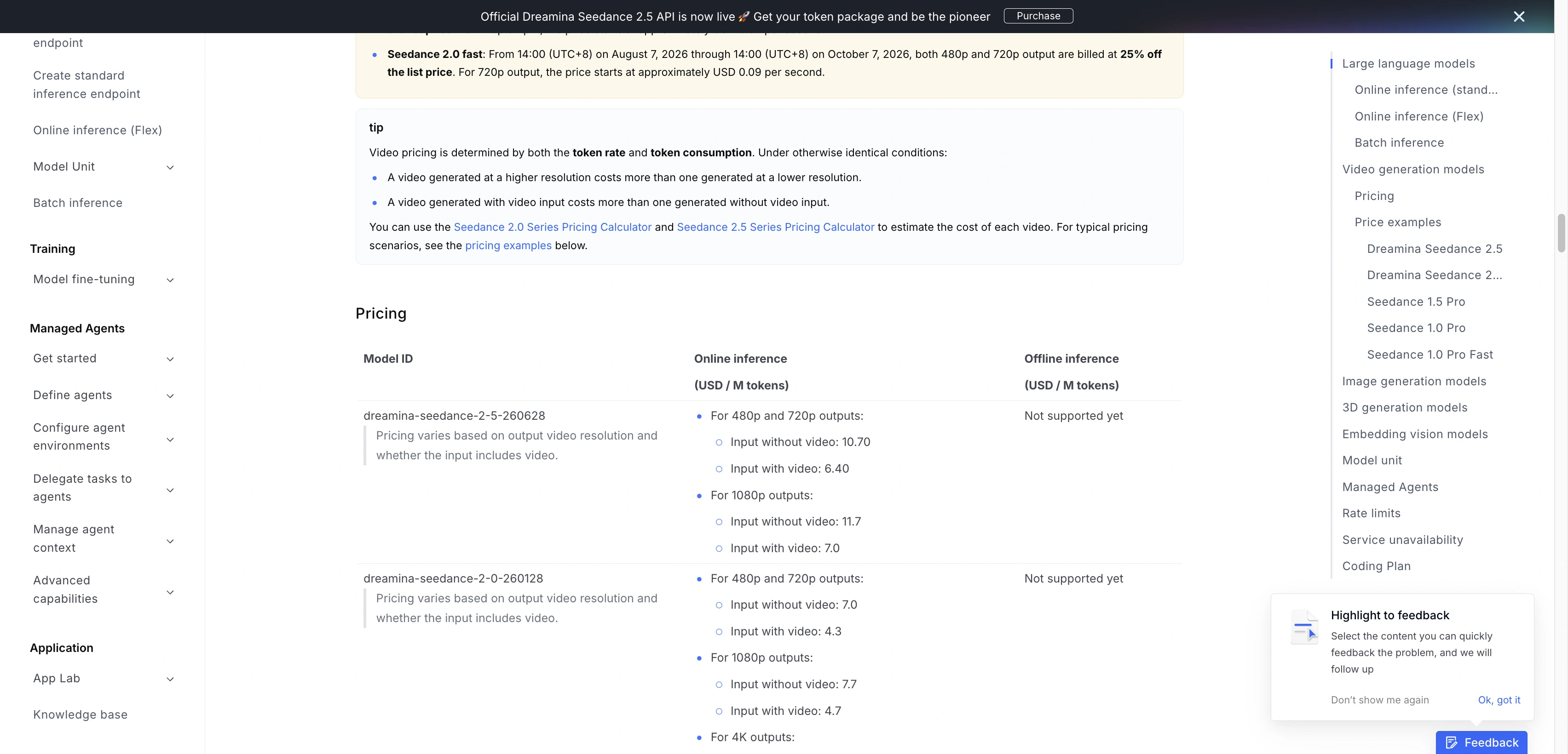 BytePlus English pricing documentation showing Seedance 2.5 video-token rates