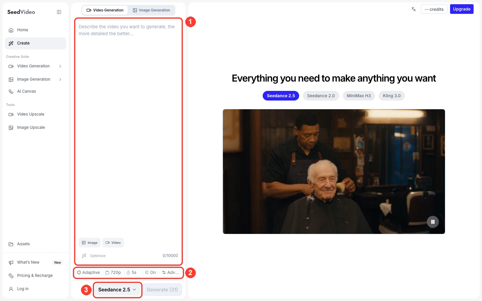 Рабочая область SeedVideo AI с выбранной моделью Seedance 2.5, пронумерованные рамки отмечают единственное поле промпта, панель настроек с Adaptive, 720p, 5s и Sound On, а также выбор модели