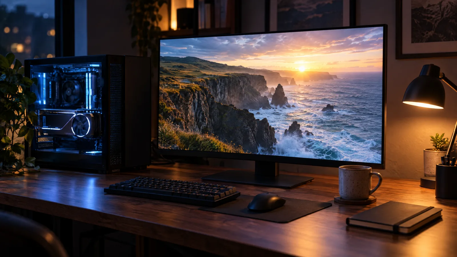 Home video workstation with a graphics card and a monitor showing a coastal cliff at sunrise