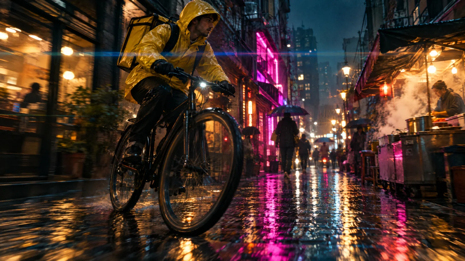 Courier in a yellow raincoat cycling through a rain-soaked neon street at night