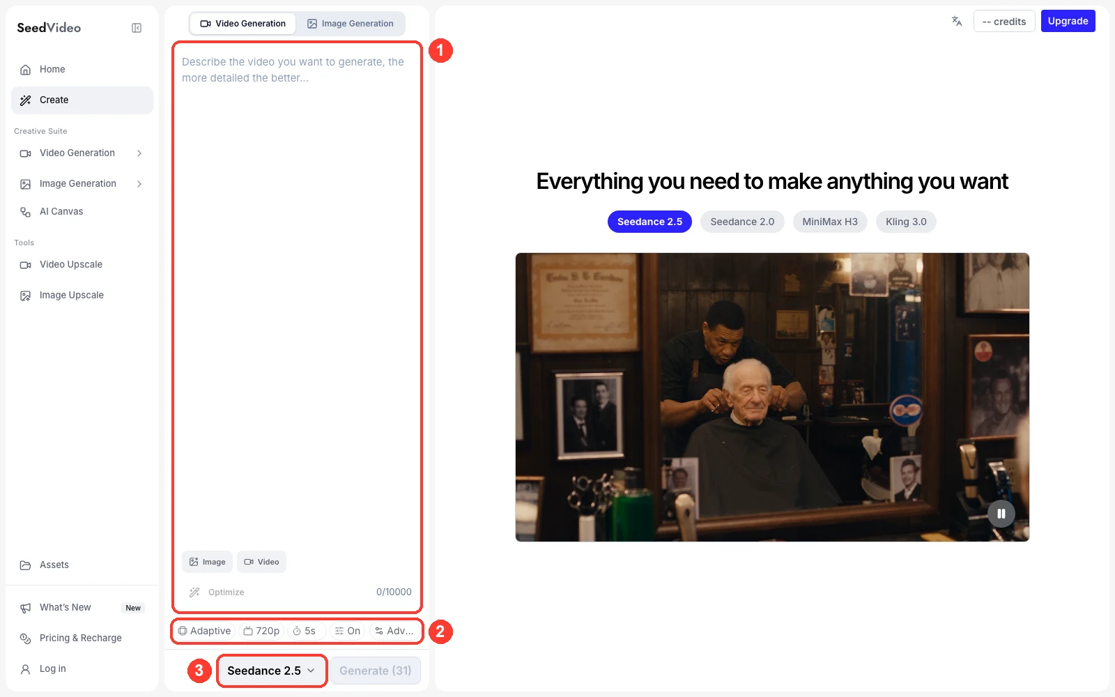 SeedVideo AI video workspace with the prompt box, settings row and Seedance 2.5 model selector highlighted