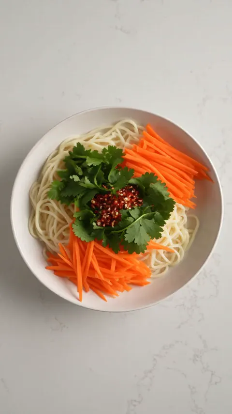 Vertical Seedance 2.5 render of the citrus noodle prompt with the 30-second Timing line: it opens on raw noodles with carrots and ends with orange noodles lifted on chopsticks.