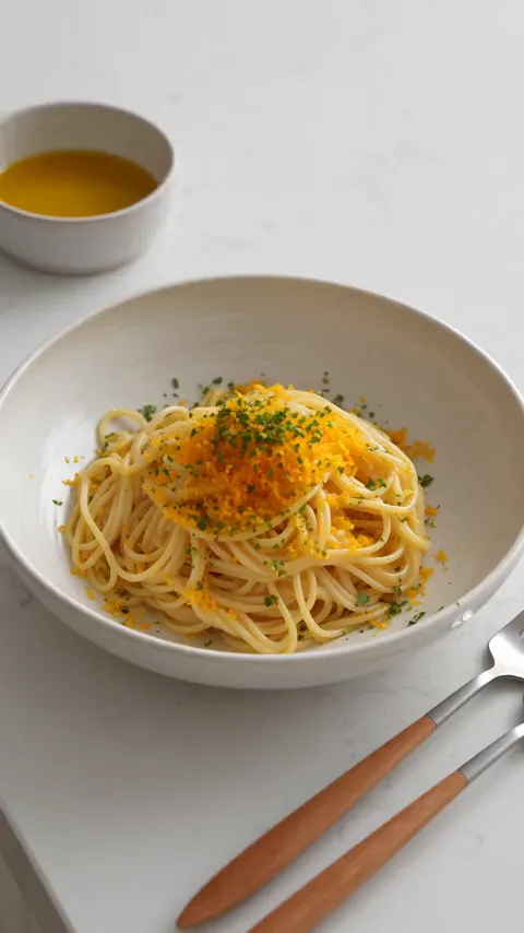 Vertical Seedance 2.5 render of the same prompt with the 4-second Timing line: it opens on a finished bowl and ends with a forkful of yellow noodles over the same bowl.