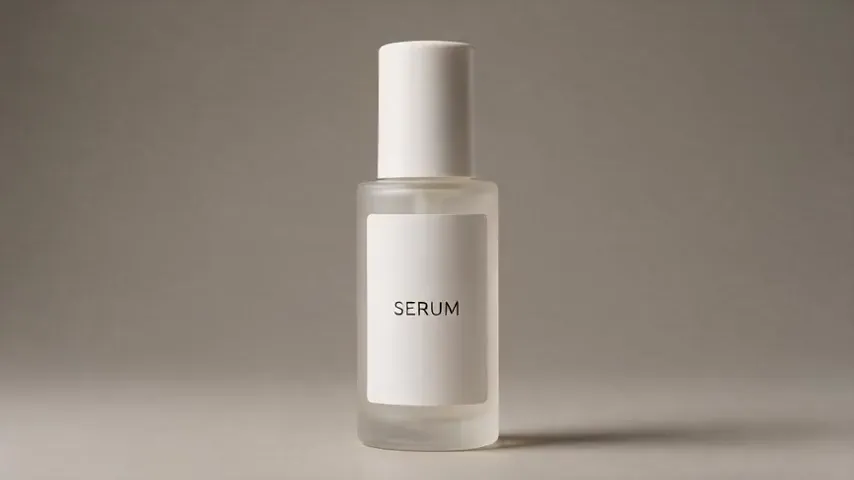Seedance 2.5 test render of the skincare prompt: a macro of a frosted serum bottle with condensation and a drop on the label, then the full bottle with a leaf shadow across the background.