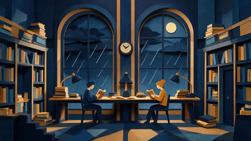 Seedance 2.5 test render of the paper-cut night library prompt: the library with desk lamps off, then the same composition with two desk lamps glowing over the reading figures.