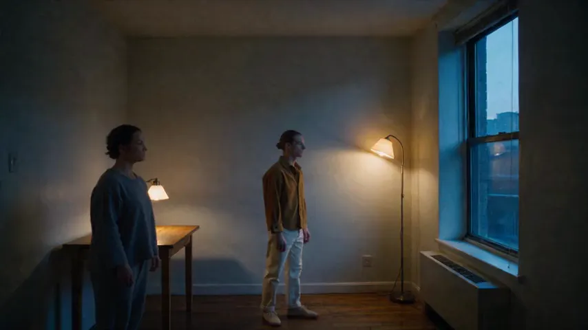 The first Seedance 2.5 render of the previsualization prompt in a dim room with a window: the mustard-shirt character walks to the window.