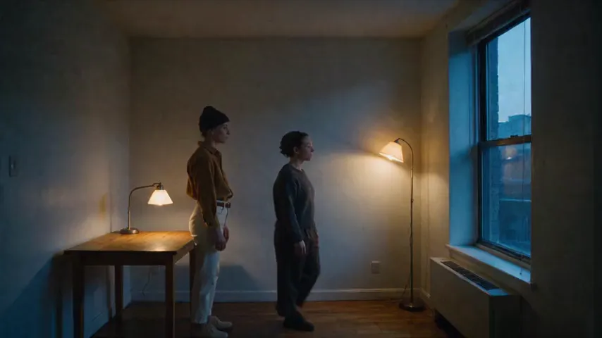 The revised Seedance 2.5 render: the charcoal-sweater character walks to the window while the mustard-shirt character, now wearing a beanie, stays by the table.