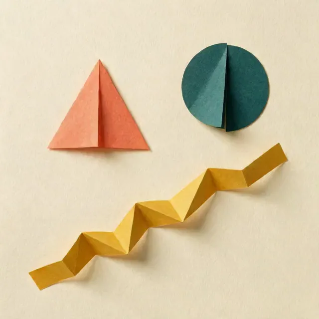 Seedance 2.5 test render of the music-driven paper forms prompt: a coral triangle, a teal circle, and a folded mustard strip start apart, refold, then press together into one overlapping cluster.