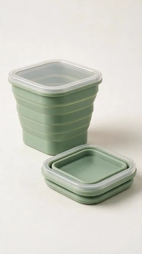 The product reference image for example 7: an open sage-green silicone container and a second one folded flat.