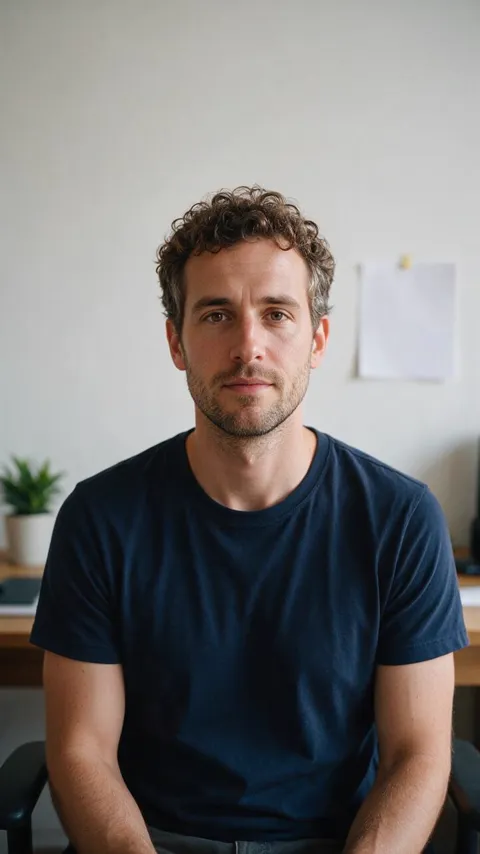 The reference image for example 12: a man in a navy T-shirt in a home office, with a blank sheet of paper pinned to the wall.