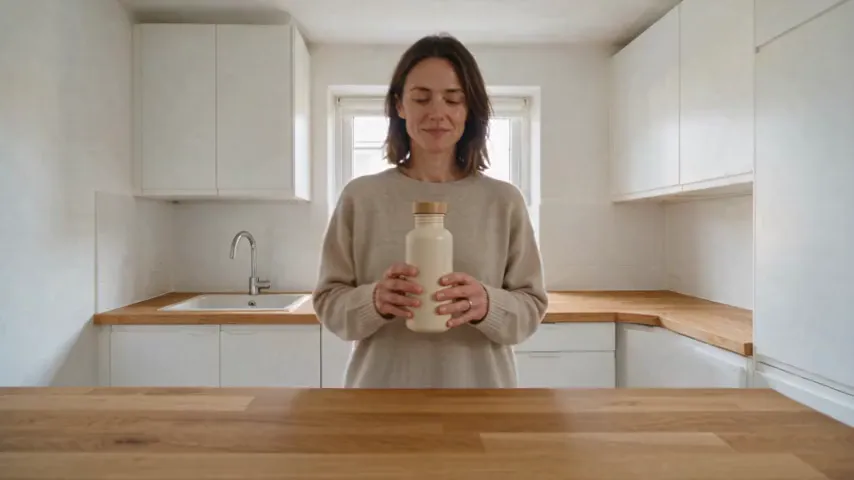 Part one of the chaining test: the woman holds the bottle in a white kitchen, and the clip ends on a closer shot of her looking at the camera with the bottle on the counter.
