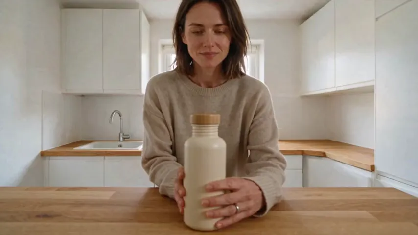 Part two of the chaining test: it starts on a wider shot of her holding the bottle and ends with her gone and the bottle alone on the counter.
