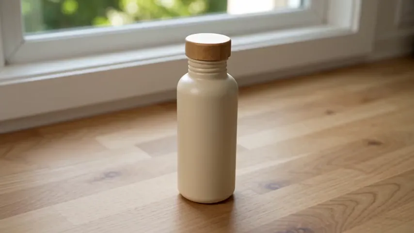 R2V test render from the same photo: the bottle is already on a wooden counter by a window, and the clip ends with the cap off and its underside showing.