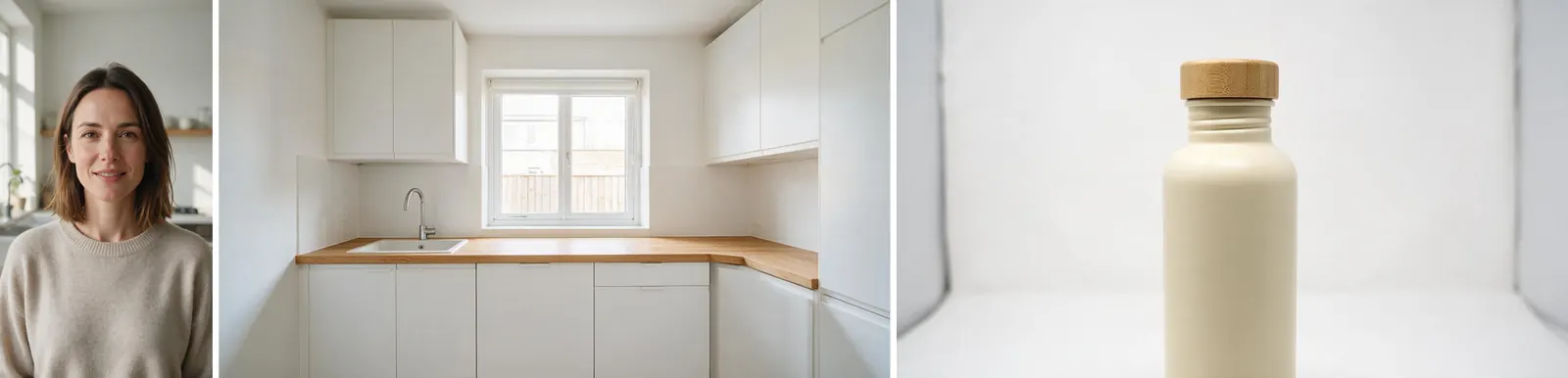 The three reference images used for the chaining test: a woman in an oatmeal sweater in a kitchen, an empty white kitchen with an oak counter, and a cream water bottle with a bamboo cap.