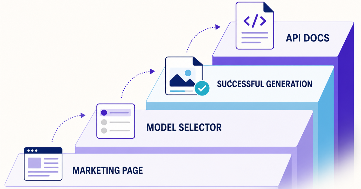 Evidence ladder for an AI model release, from a marketing page to a successful generation and public API documentation.