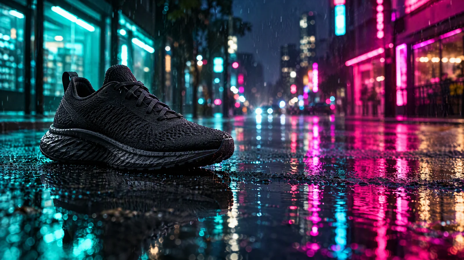 雨夜湿漉漉的柏油路上放着一只哑光黑色跑鞋,水洼里倒映着青色和洋红色霓虹灯,低机位,细雨