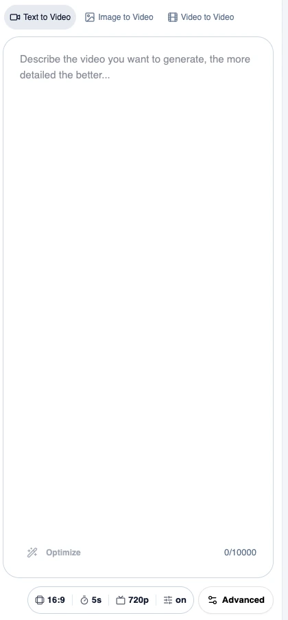 Seedance 生成器工作区,提示词输入框上方是 Text to Video、Image to Video、Video to Video 三个标签页,下方是参数行