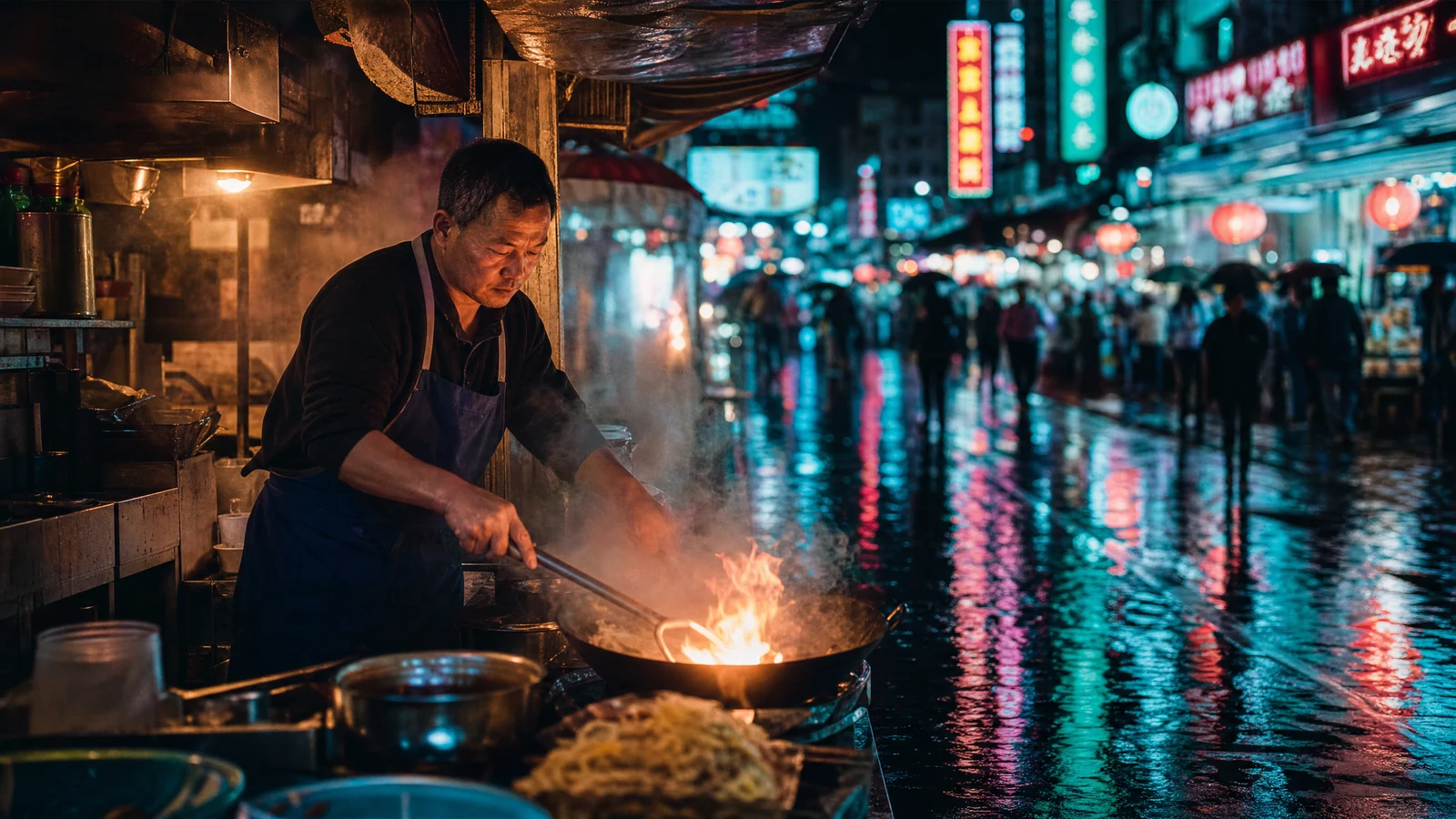 夜市街头的电影感画面,摊主在爆炒的锅前,湿路面上映着霓虹倒影
