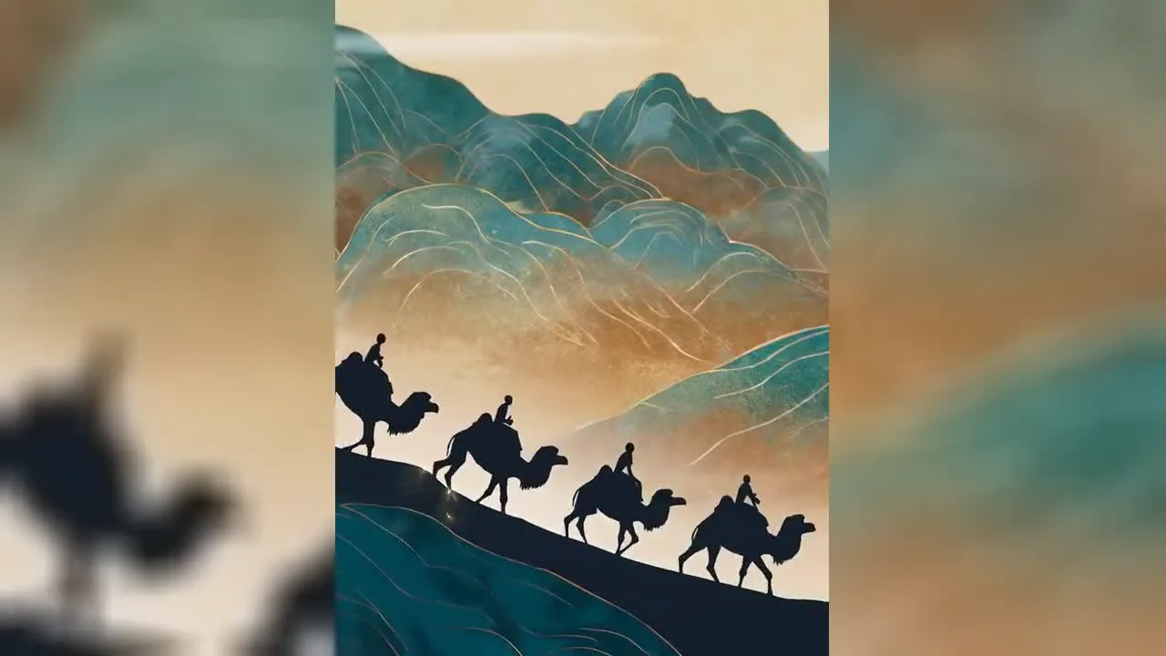 Seedance 2.5 官方音乐动画海报,骆驼队穿过蓝色山脉