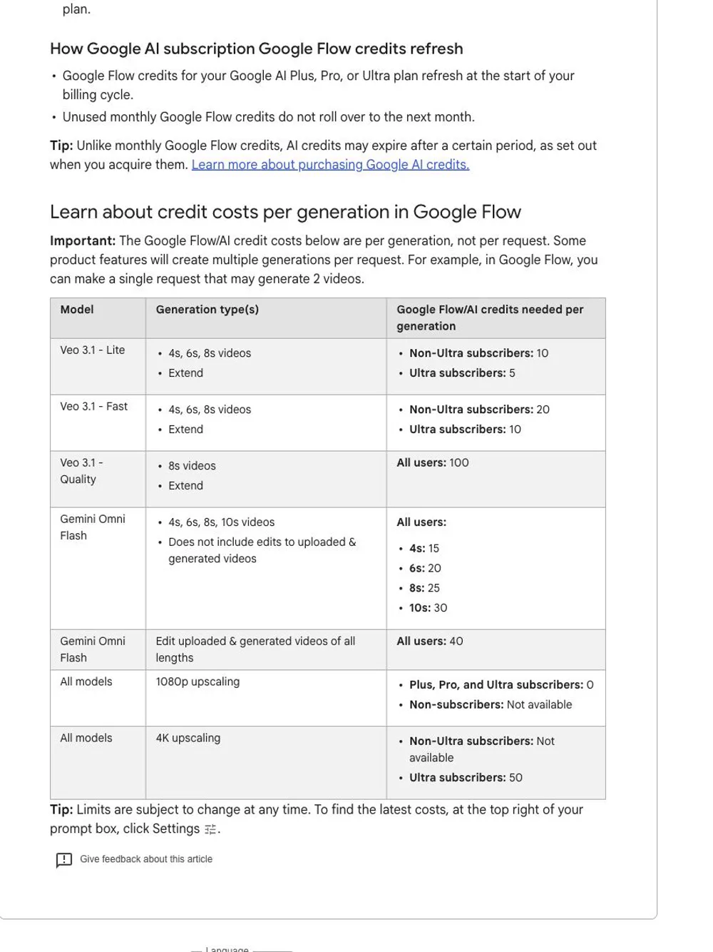 Google Flow 帮助页中的 Veo 3.1 Lite、Fast 与 Quality 单次生成积分表。