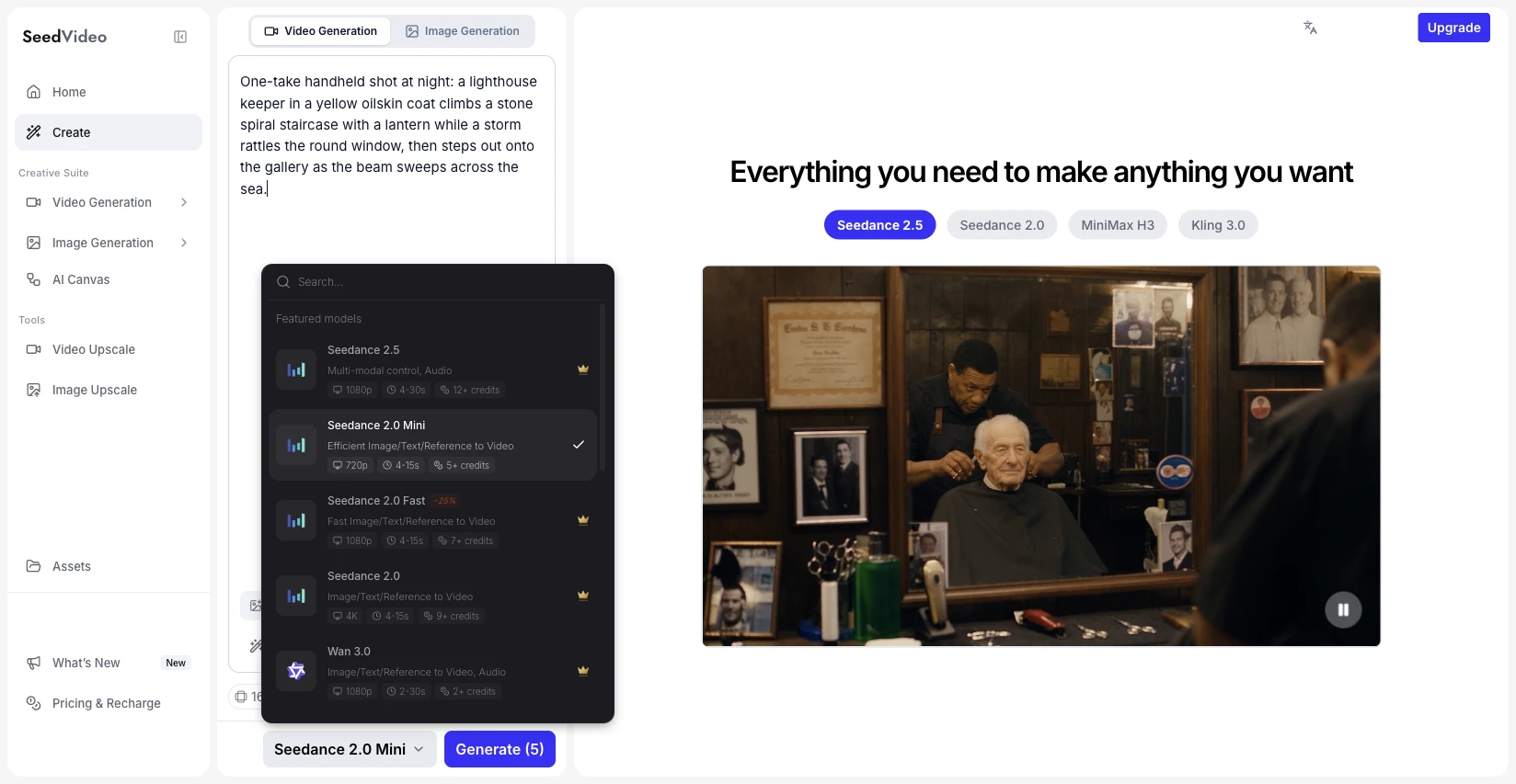 Генератор видео SeedVideo AI с введённым промптом про маяк и открытым меню моделей: наверху Seedance 2.5 с 1080p, 4–30 секундами и 12+ кредитами, ниже Seedance 2.0 Mini, Seedance 2.0 Fast, Seedance 2.0 и Wan 3.0