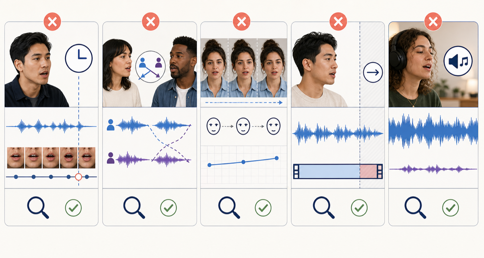 Five lip-sync failure checks covering timing lag, speaker mix-ups, facial drift, sentence overflow, and music masking