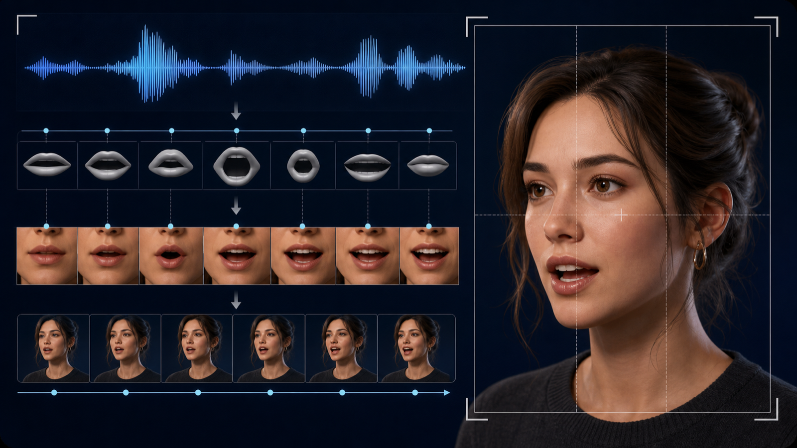 A waveform, phoneme timing markers, mouth shapes, and a final camera frame illustrating AI lip synchronization