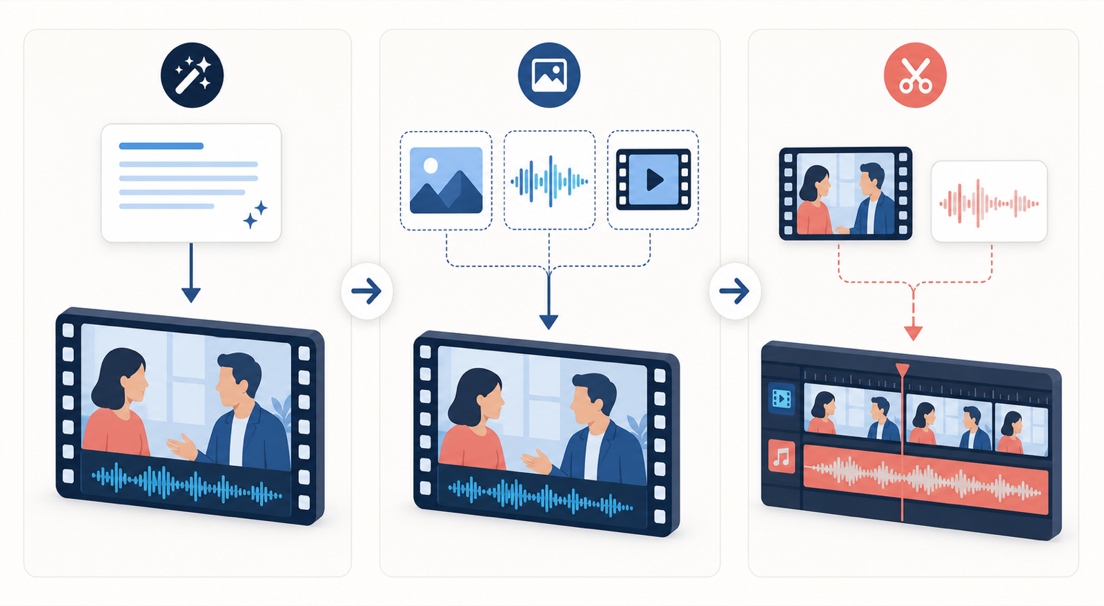 Three alternative workflows for native audio-video generation, reference-driven generation, and post-production dubbing