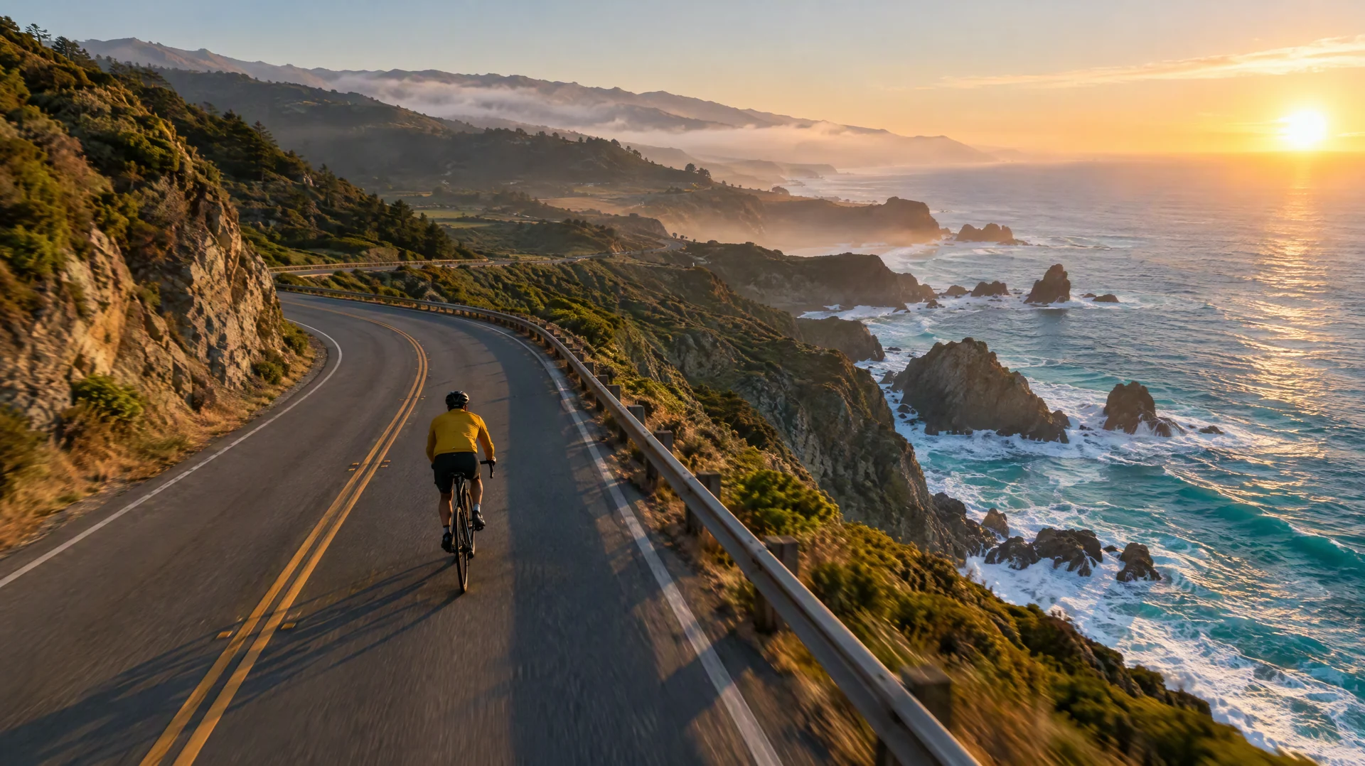 A cyclist in a mustard-yellow jacket rides a winding coastal cliff road at sunrise above a turquoise sea