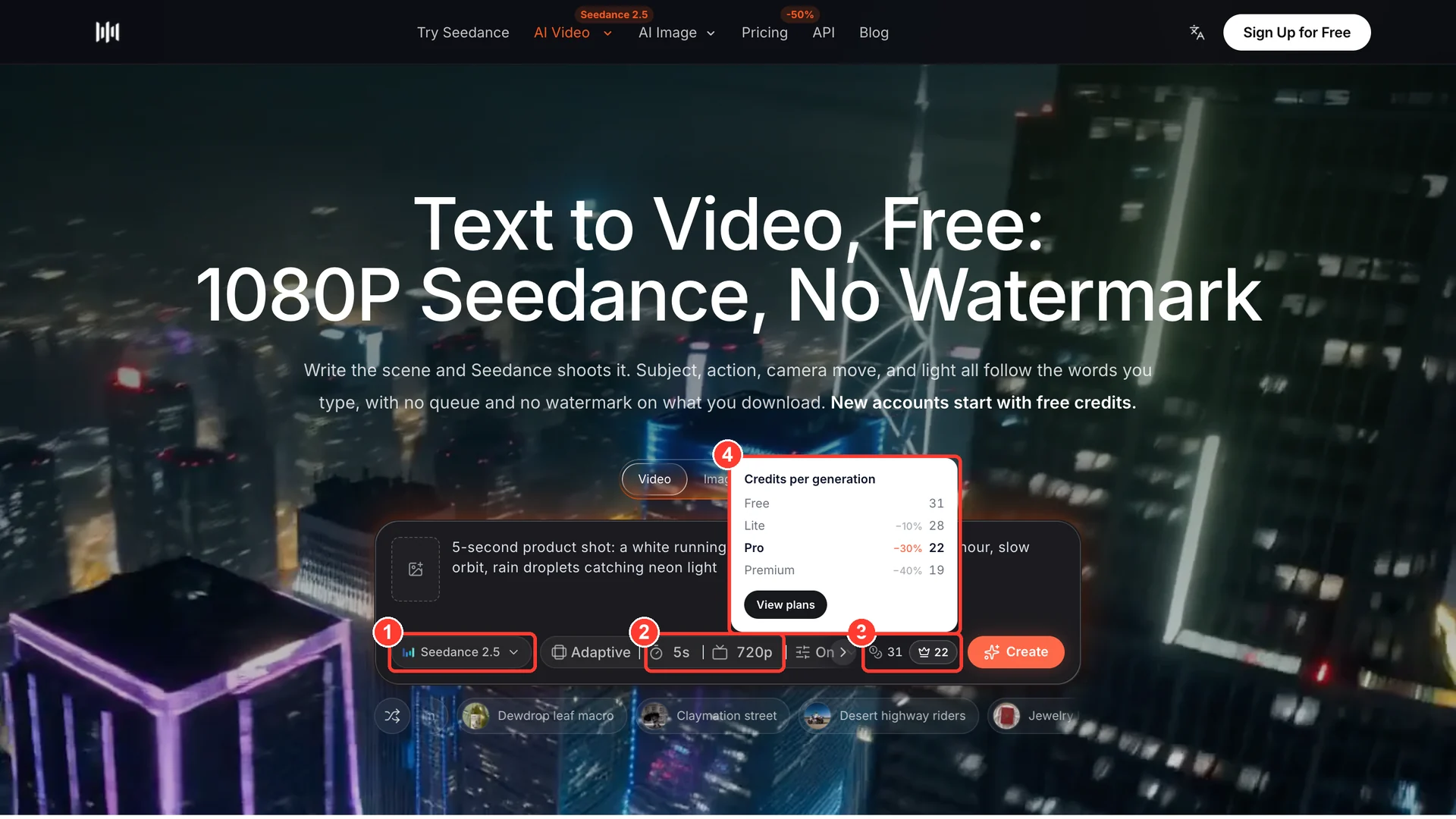 SeedVideo AI generator with Seedance 2.5 at 5 seconds and 720p, showing a 31-credit price and a plan price panel listing Free 31, Lite 28, Pro 22 and Premium 19