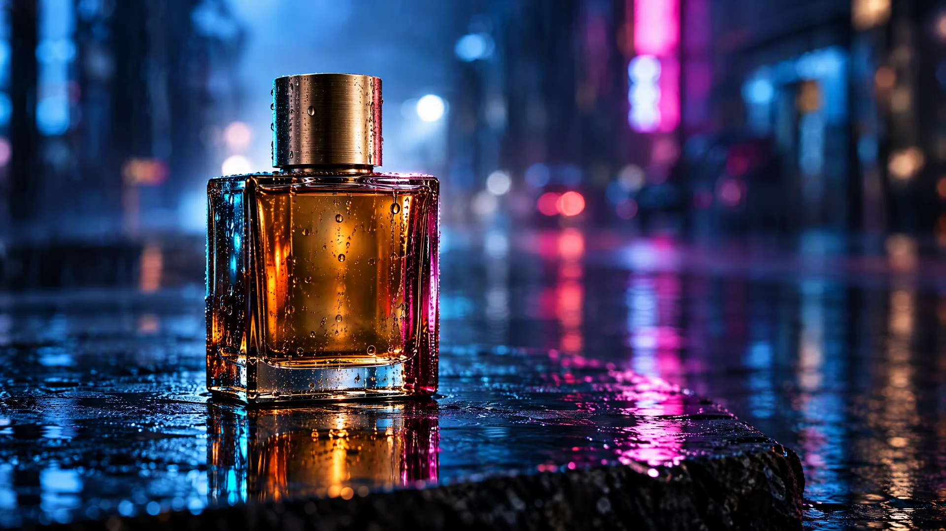 An unbranded amber glass perfume bottle with a brass cap on wet black slate at blue hour, reflecting cyan and magenta neon light