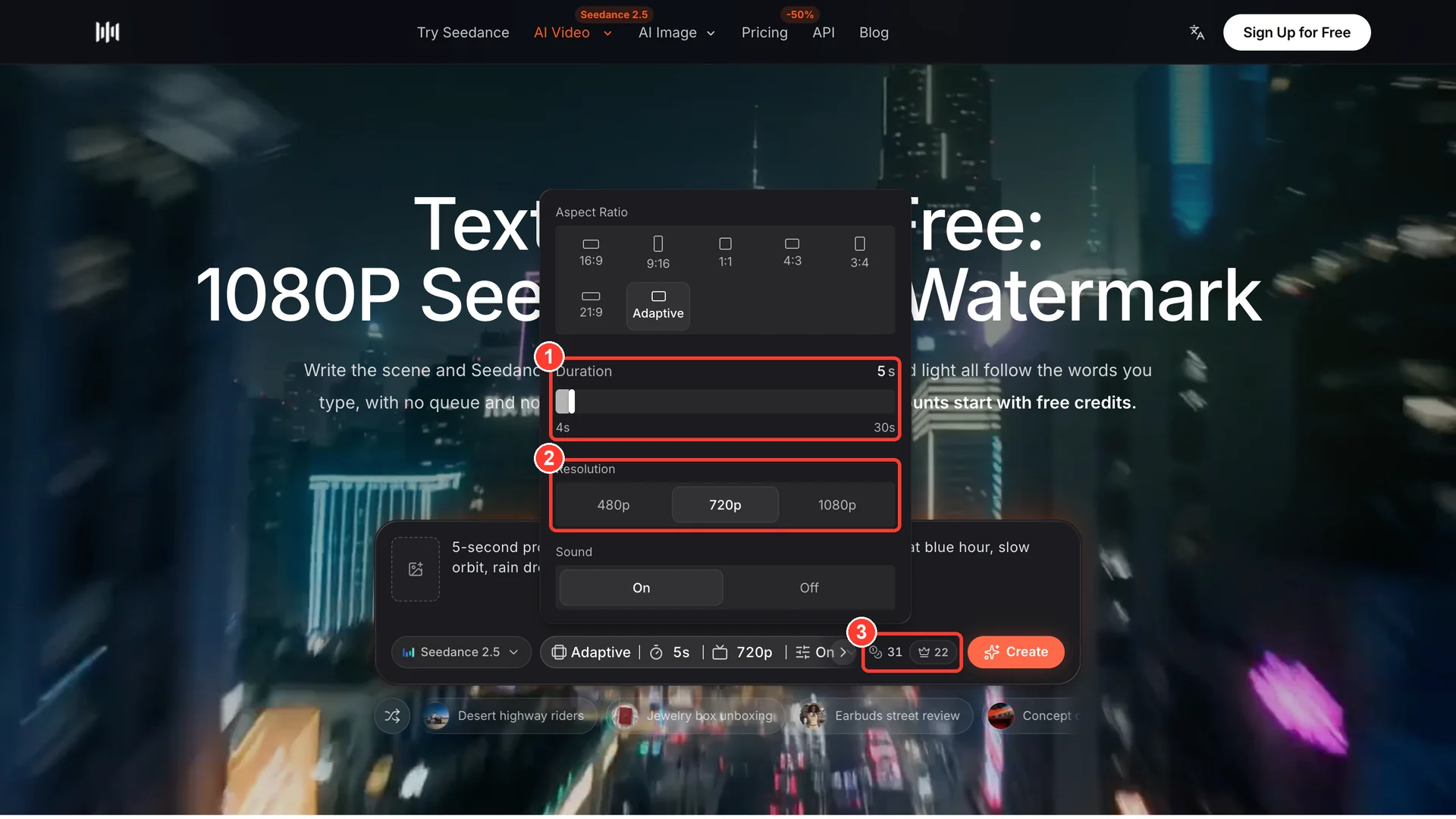 Seedance 2.5 settings panel in the SeedVideo AI generator with the duration slider from 4 to 30 seconds and resolution options 480p, 720p and 1080p