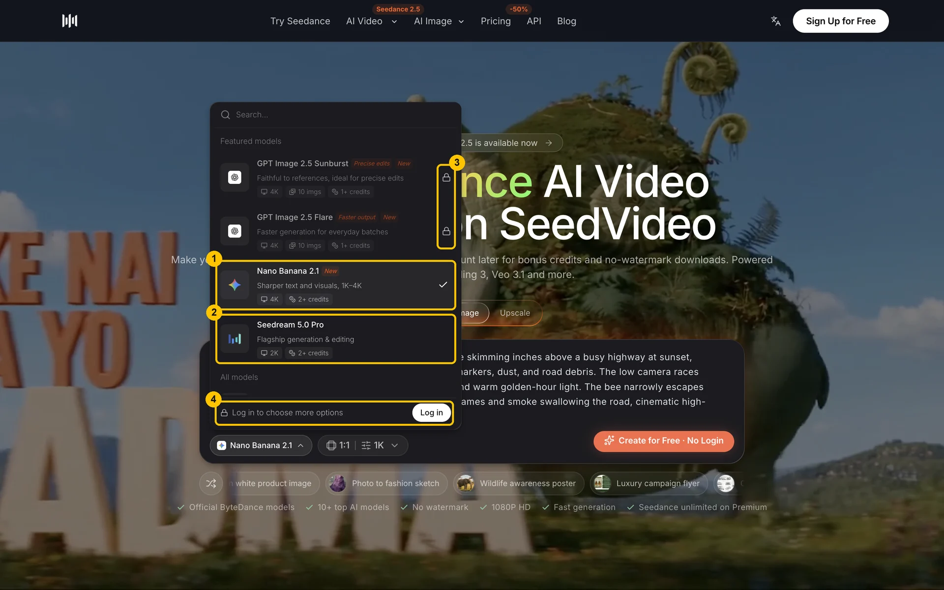 Image model picker in the no-login trial