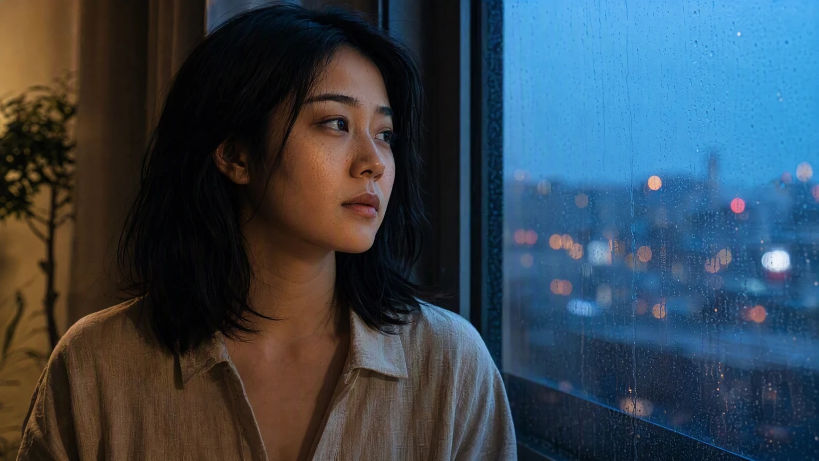 雨夜窗边的电影感人物肖像
