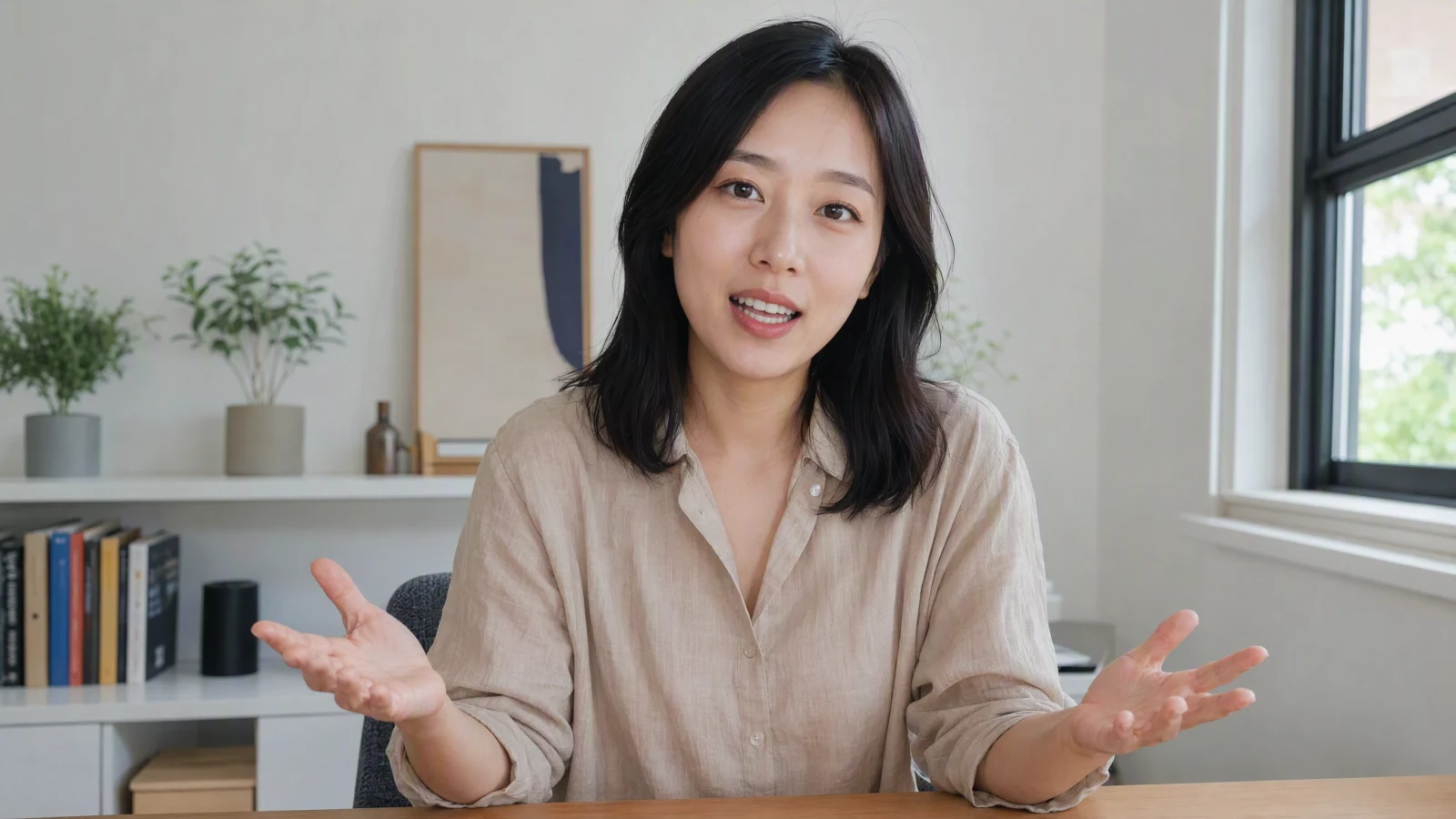 双手完整可见的口播型人物画面
