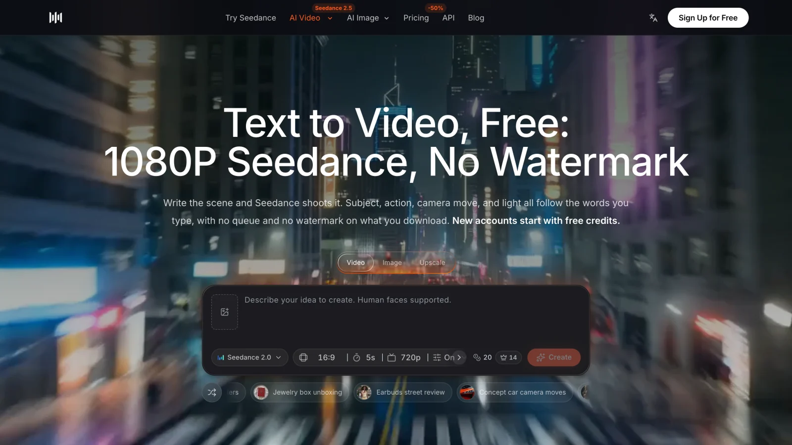 SeedVideo AI text-to-video page in English, showing the Seedance prompt box with model, aspect ratio, duration and resolution settings.