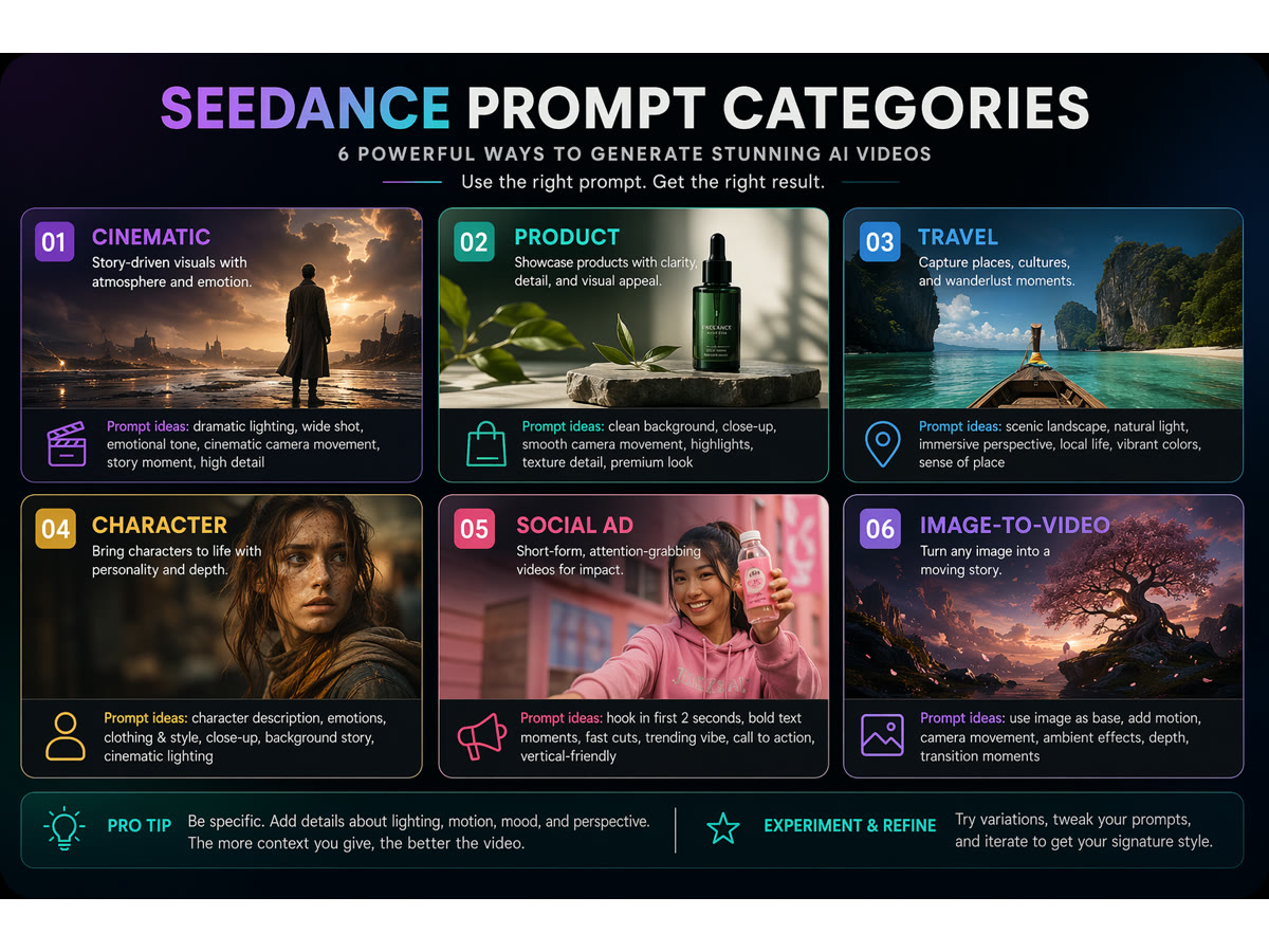 Seedance prompt example category grid.