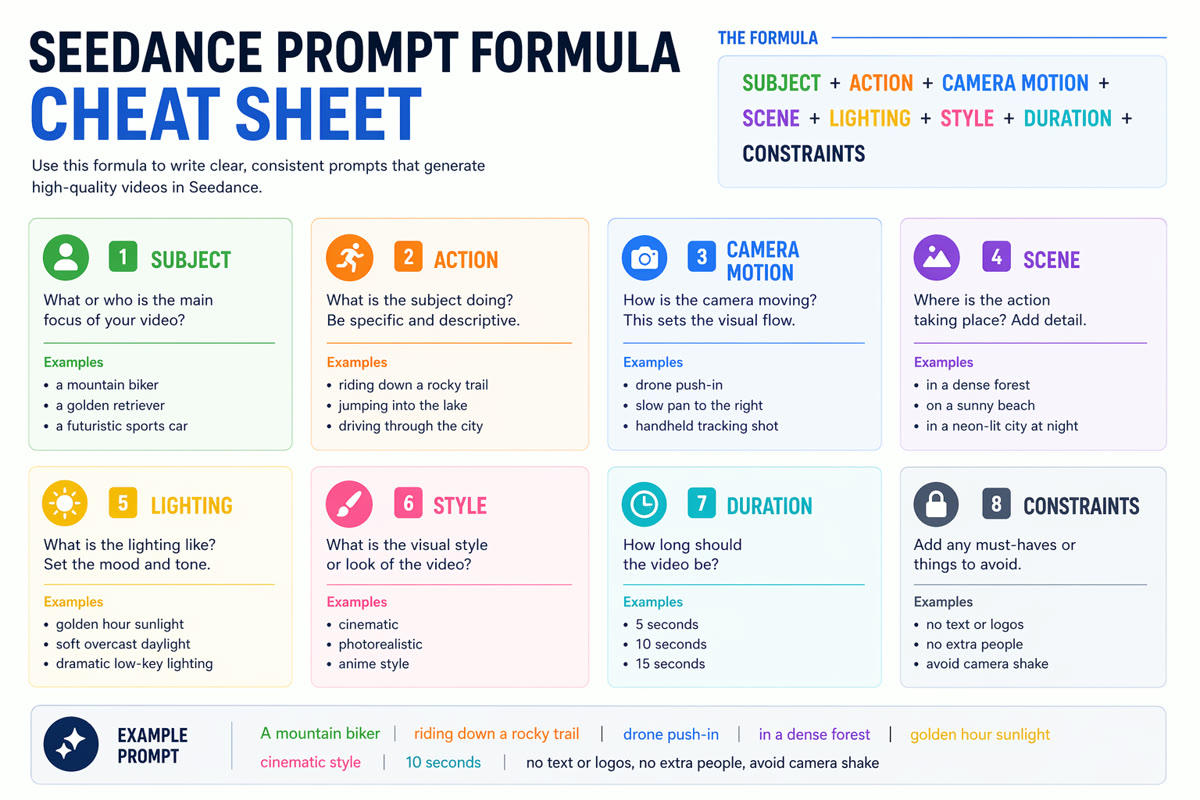 Seedance prompt formula cheat sheet.