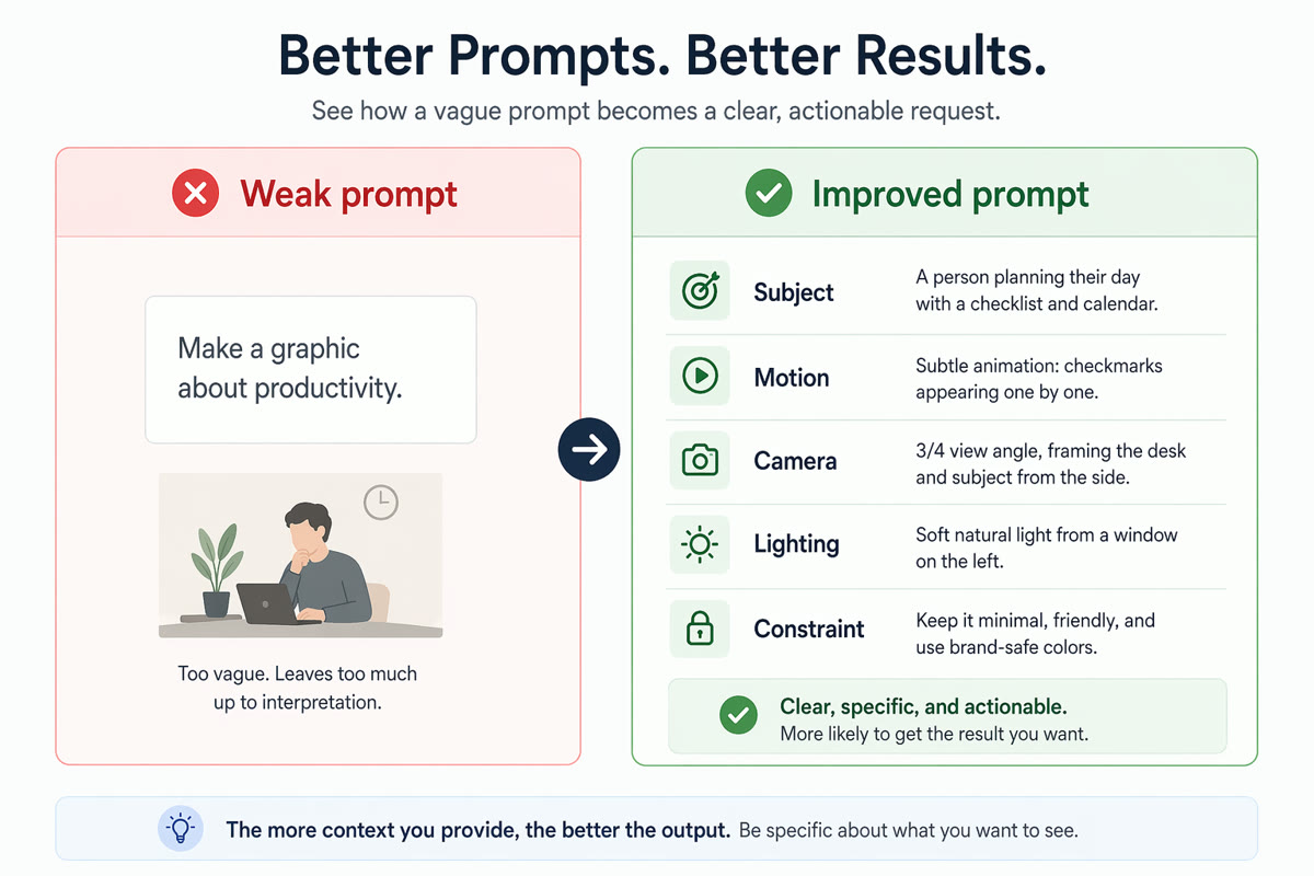 Weak vs improved Seedance prompt comparison.