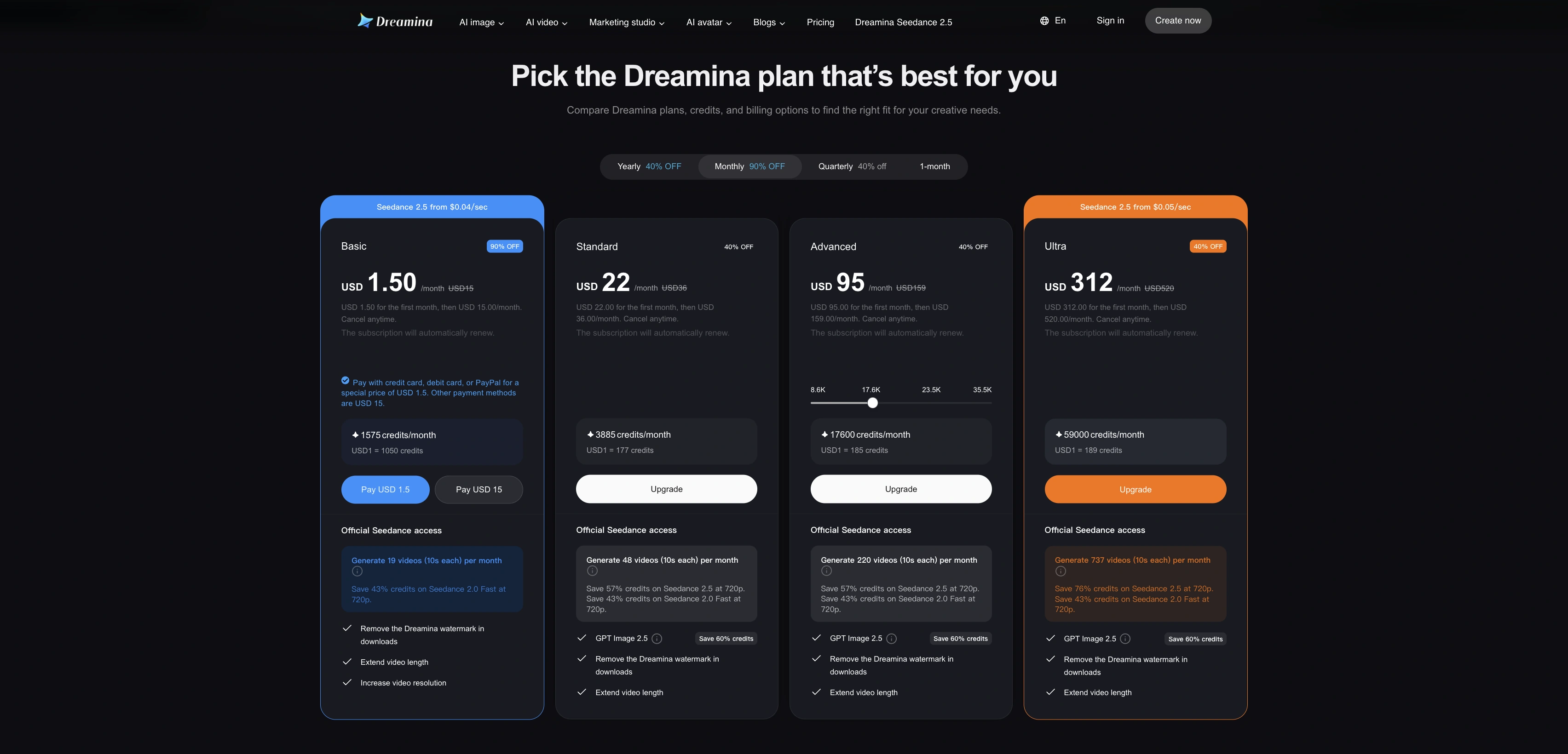 Dreamina 美国公开英文价格工作区，选中月付并显示完整套餐卡片