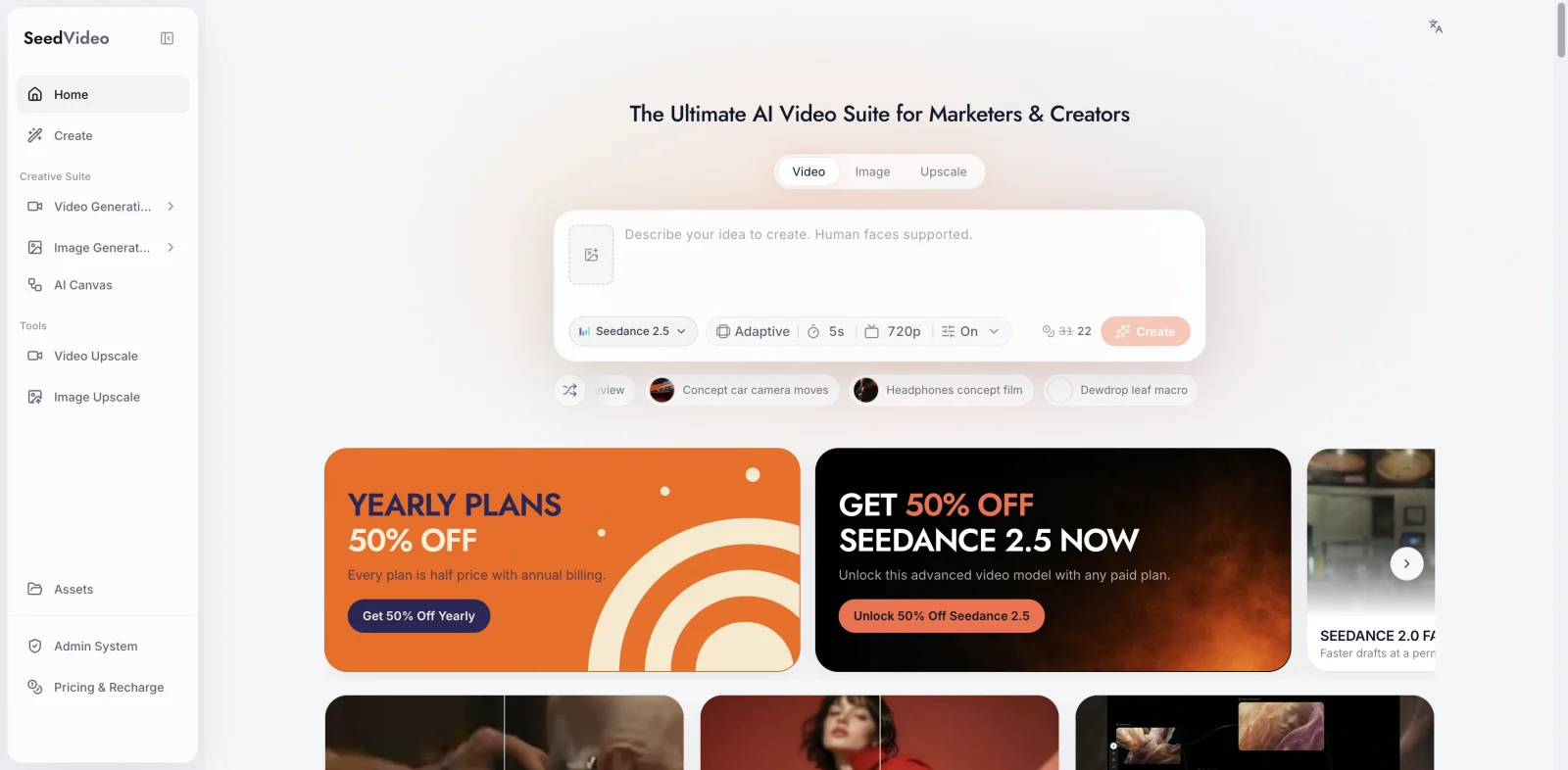 Espace SeedVideo AI en anglais avec Seedance 2.5, cinq secondes, 720p, audio actif et 31 crédits de base