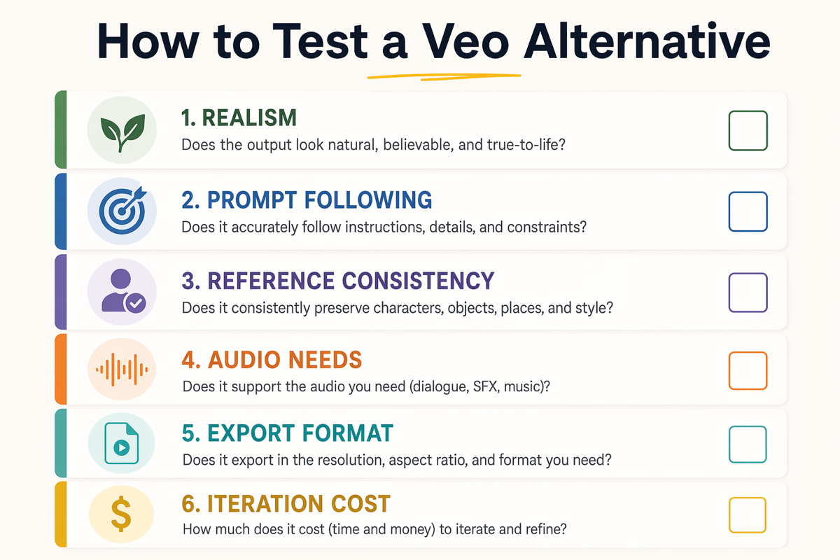 Checklist for testing a Veo alternative.